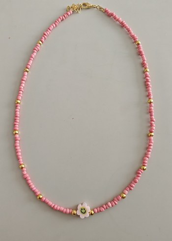 Pembe Boncuklu Çiçek Motifli Midi Kolye