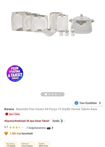 Karaca Nazende Fine Cream 60 Parça 12 Kişilik Kare Yemek Takımı