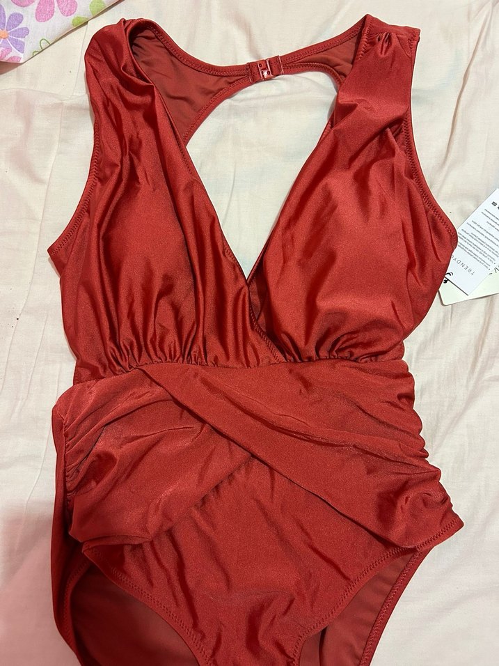 Bordo Drapeli Strappy Kadın Mayo - Görsel 5