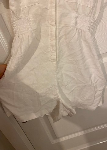 Kadın Beyaz Keten V Yakalı Tulum - Görsel 2