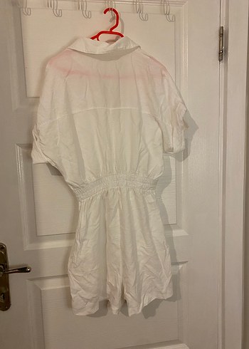 Kadın Beyaz Keten V Yakalı Tulum - Görsel 3