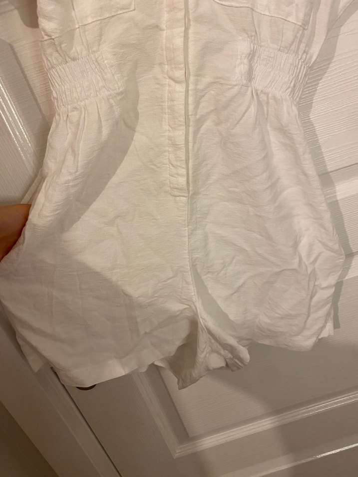 Kadın Beyaz Keten V Yakalı Tulum - Görsel 2