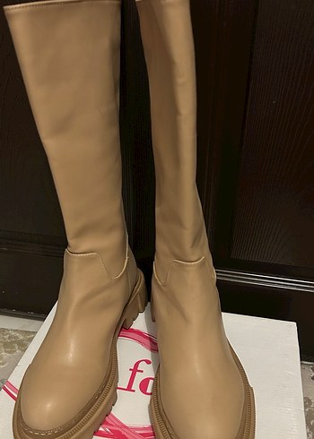 Bej Deri Kalın taban çizme - Görsel 6
