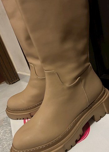 Bej Deri Kalın taban çizme - Görsel 2