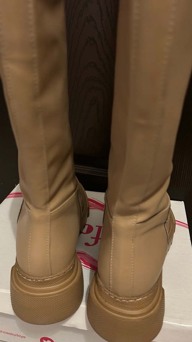 Bej Deri Kalın taban çizme - Görsel 5