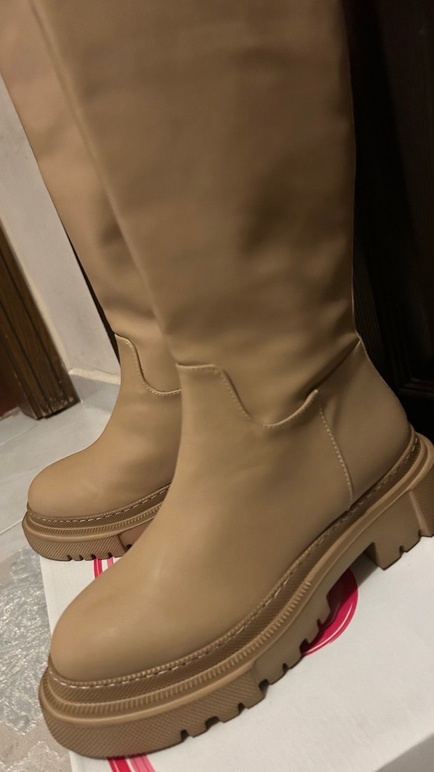 Bej Deri Kalın taban çizme - Görsel 2