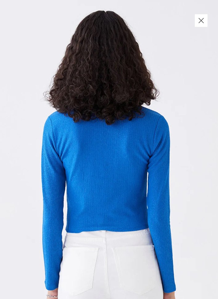 Mavi V Yaka Düğmeli Uzun Kollu Kadın Bluz - Görsel 3