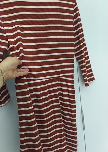 xl Beden bordo Renk Bordo Çizgili Uzun Kollu Midi Elbise