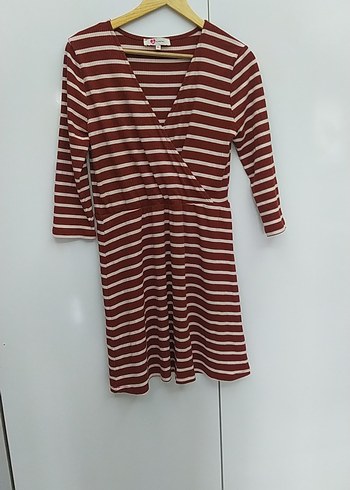 Bordo Çizgili Uzun Kollu Midi Elbise