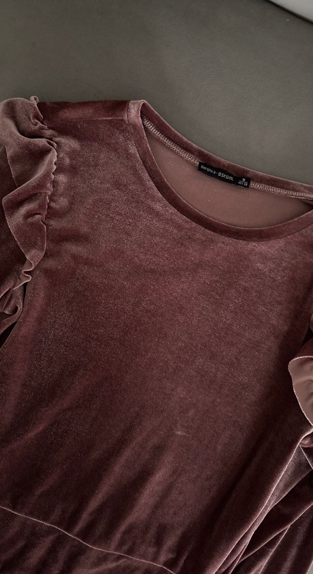 Bordo Kadife Midi Elbise, Uzun Kollu, Drapeli - Görsel 2