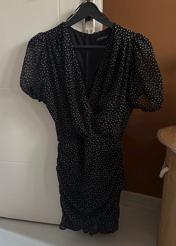 Siyah Puantiyeli Drapeli Mini Elbise - Görsel 4