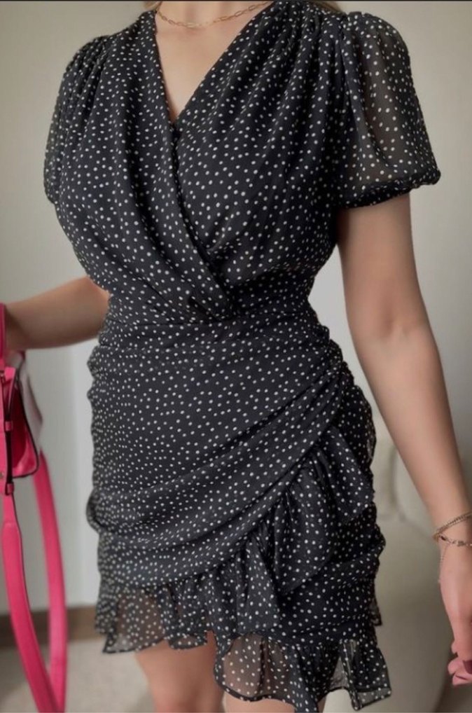 Siyah Puantiyeli Drapeli Mini Elbise - Görsel 2