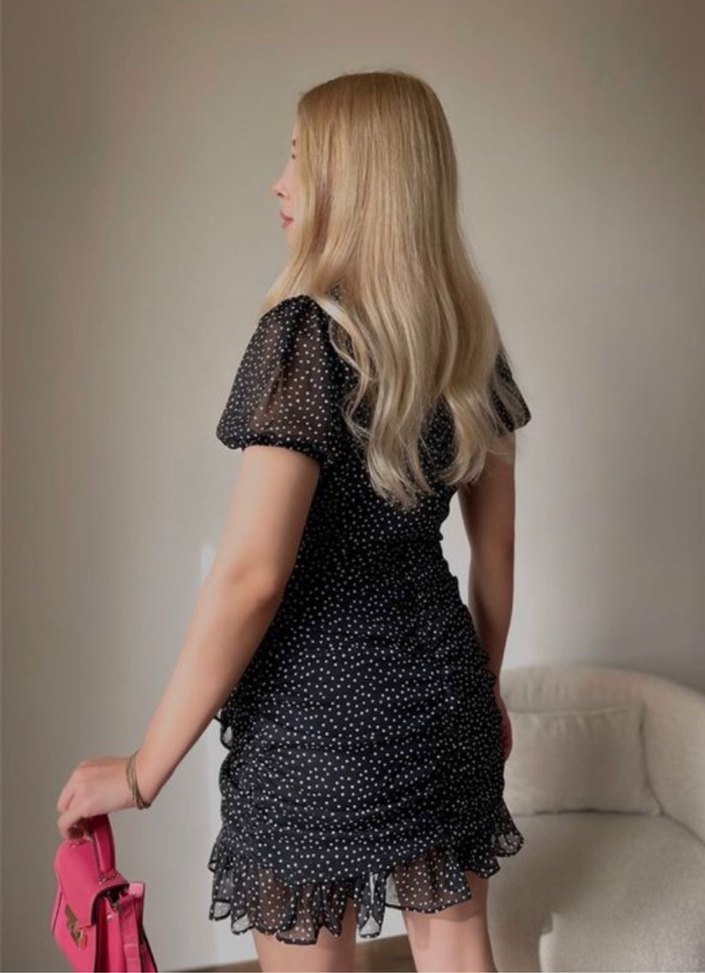 Siyah Puantiyeli Drapeli Mini Elbise - Görsel 3
