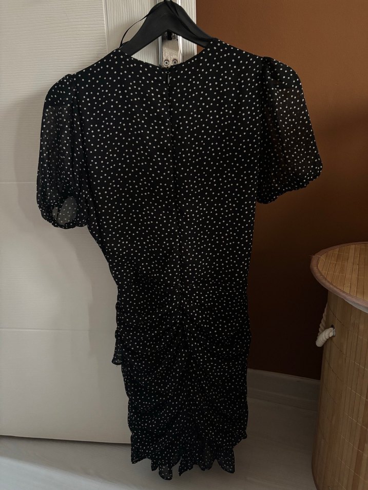 Siyah Puantiyeli Drapeli Mini Elbise - Görsel 5