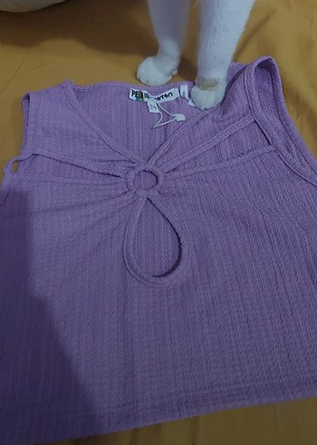 Mor V Yakalı Örgü Crop Top - Görsel 2