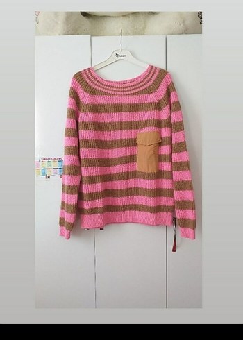 Pembe Çizgili Rahat Triko Kazak - Görsel 2