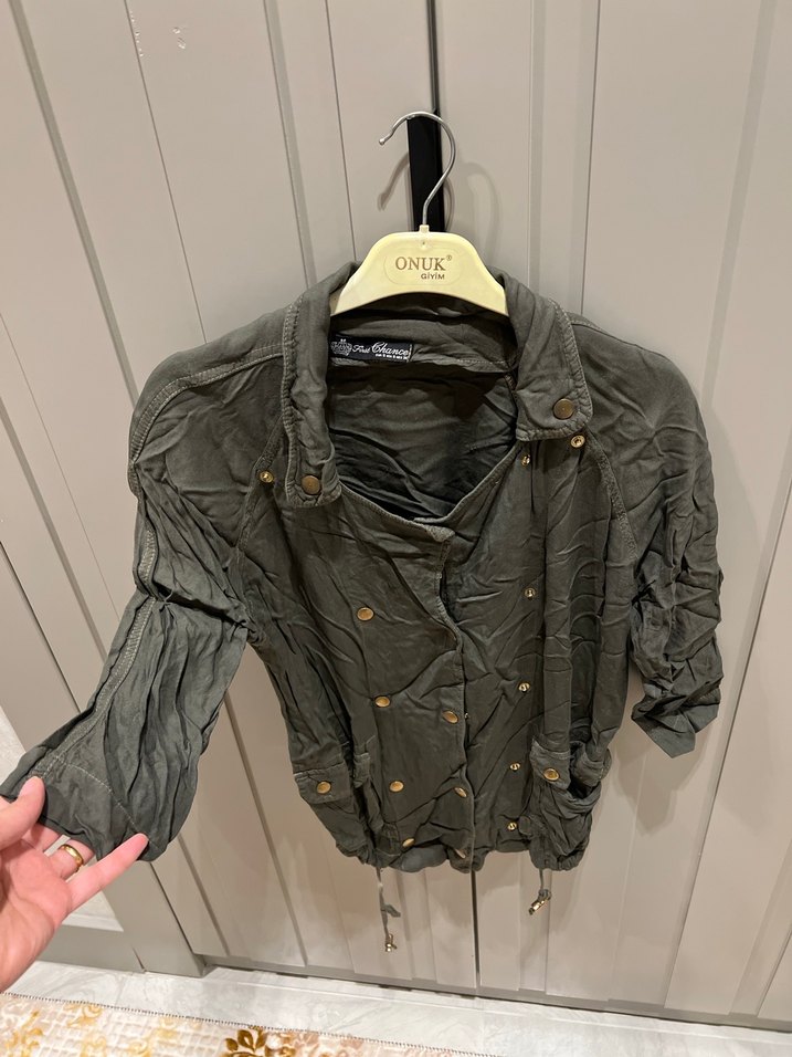 Kadın Keten yeşil Düğmeli Kısa Ceket - Görsel 2