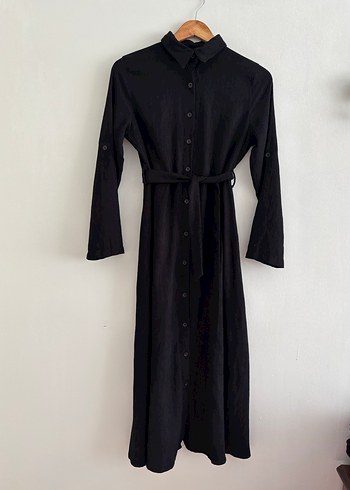 Kadın Siyah Kemerli Uzun Keten Elbise - Görsel 2