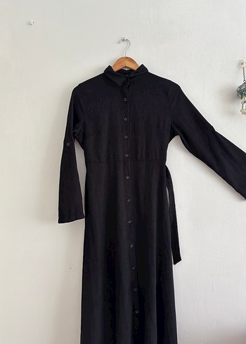 Kadın Siyah Kemerli Uzun Keten Elbise - Görsel 3