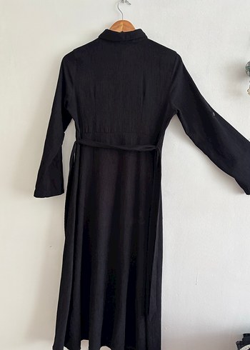 Kadın Siyah Kemerli Uzun Keten Elbise - Görsel 6