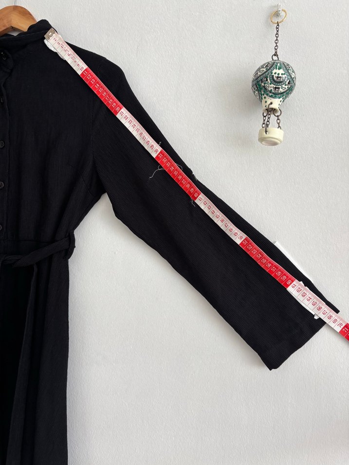 Kadın Siyah Kemerli Uzun Keten Elbise - Görsel 5