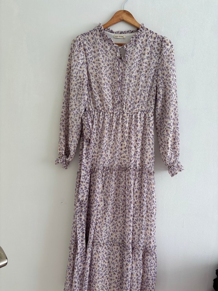 Uzun Kollu Bej Bohem Elbise - Görsel 4