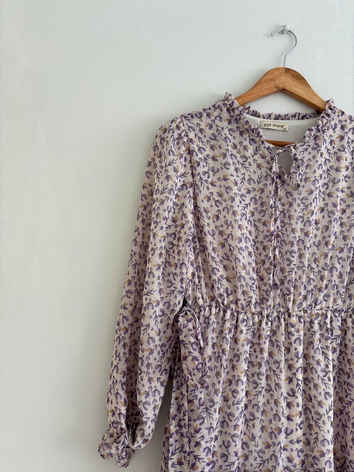 Uzun Kollu Bej Bohem Elbise - Görsel 3