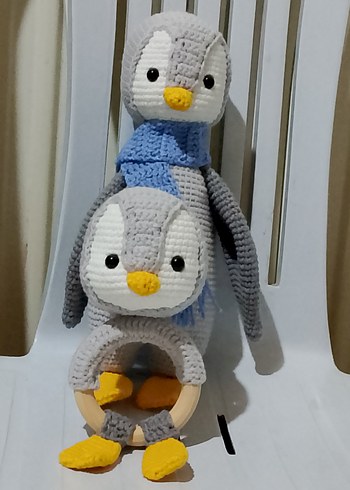 Gri Örgü Penguen Diş Kaşıyıcı ve Çıngırak Seti - Görsel 3