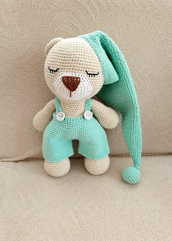 Mavi Şapkalı Örgü Ayıcık Peluş Oyuncak - Görsel 6