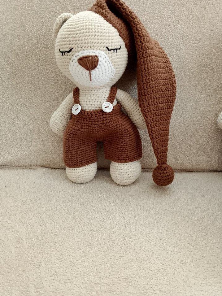 Mavi Şapkalı Örgü Ayıcık Peluş Oyuncak - Görsel 4