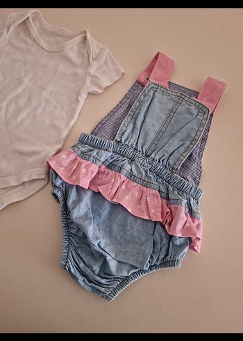 Kızlar için Pembe Baskılı Denim Salopet - Görsel 3