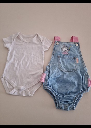 Kızlar için Pembe Baskılı Denim Salopet - Görsel 2