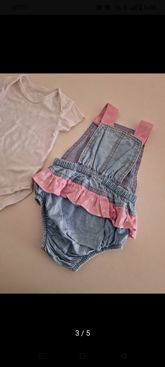 Kızlar için Pembe Baskılı Denim Salopet - Görsel 3