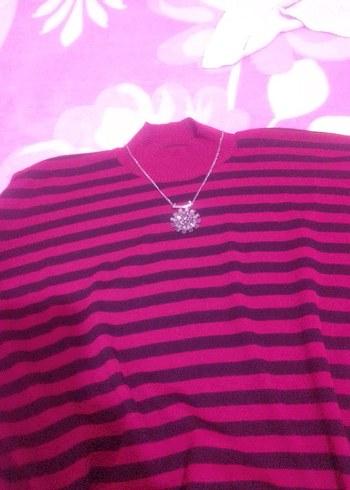 Pembe Çizgili Boğazlı  Triko Kazak - Görsel 2