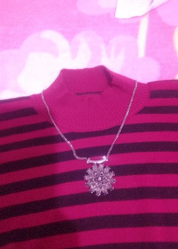 Pembe Çizgili Boğazlı  Triko Kazak - Görsel 7