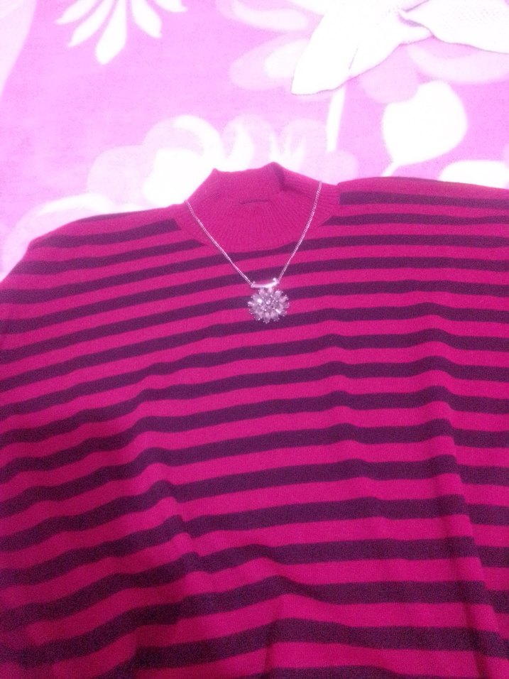 Pembe Çizgili Boğazlı  Triko Kazak - Görsel 2