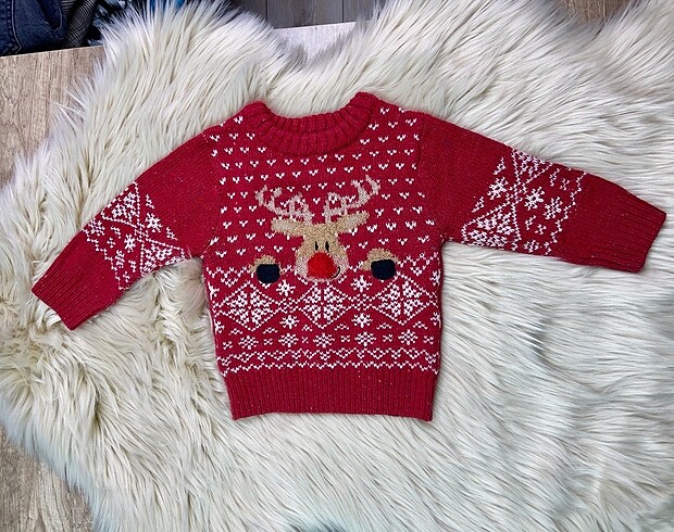 Next geyik kar desenli kırmızı yün kazak - Görsel 2