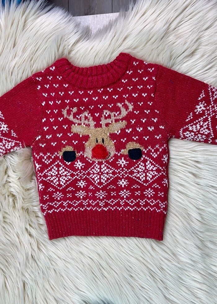 Next geyik kar desenli kırmızı yün kazak - Görsel 2