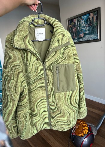 Pull&Bear Kadın Yeşil Bağlama Desenli Peluş Ceket - Görsel 4