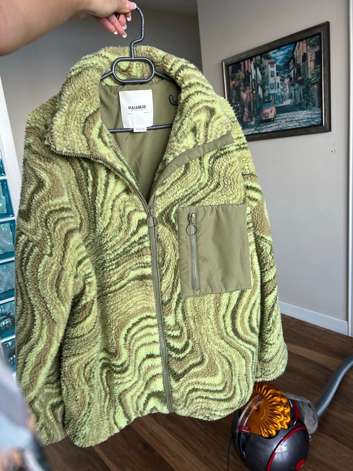 Pull&Bear Kadın Yeşil Bağlama Desenli Peluş Ceket - Görsel 4