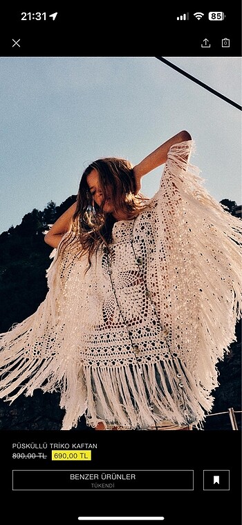 Zara bohem püsküllü triko kaftan, panço