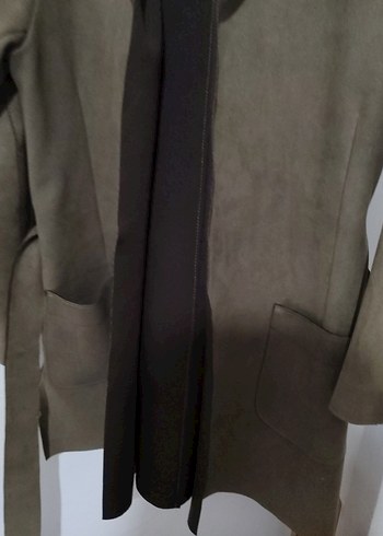 Haki Süet Kuşaklı Kapşonlu Cekst - Görsel 4