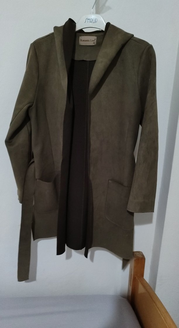 Haki Süet Kuşaklı Kapşonlu Cekst - Görsel 2