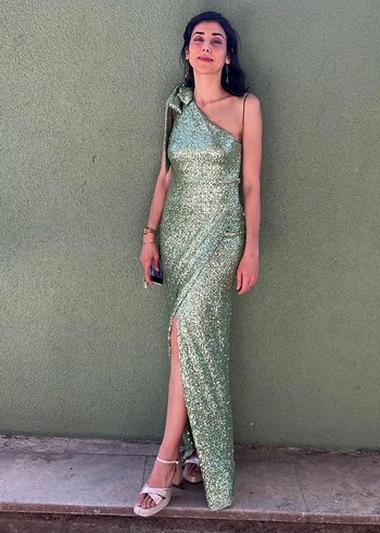 Yeşil Drapeli Uzun Elbise - Görsel 5