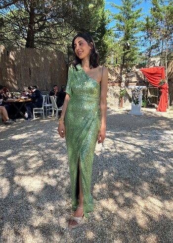 Yeşil Drapeli Uzun Elbise - Görsel 6