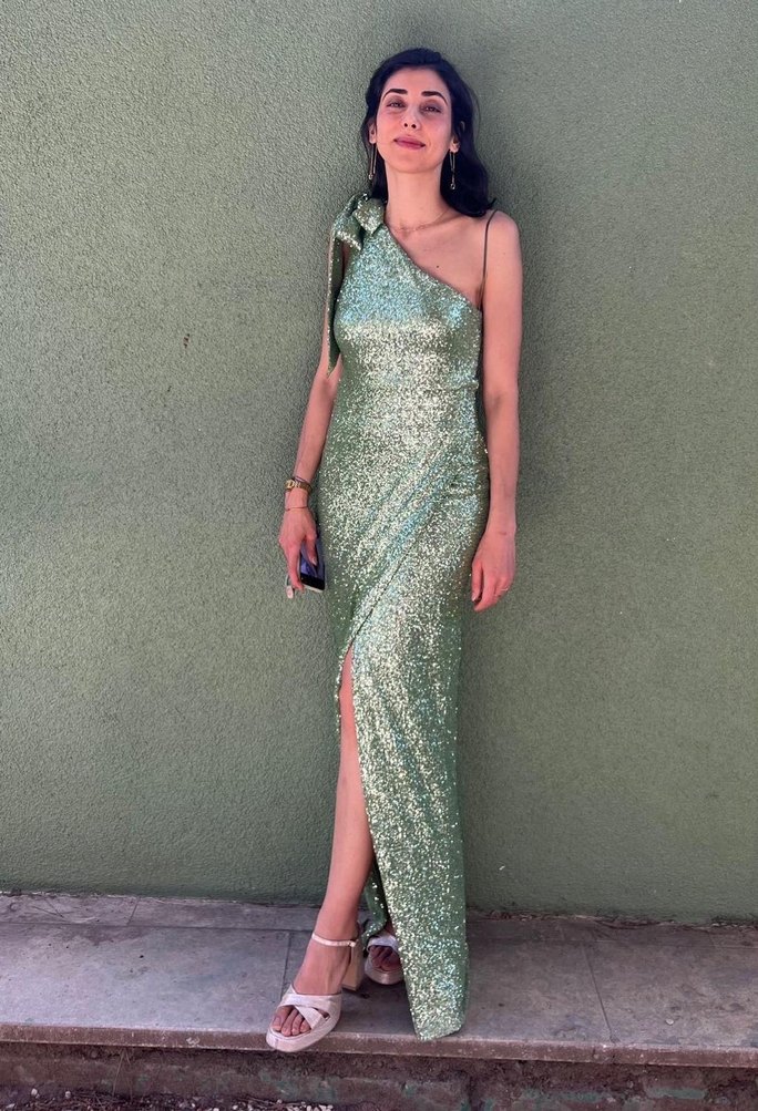 Yeşil Drapeli Uzun Elbise - Görsel 5