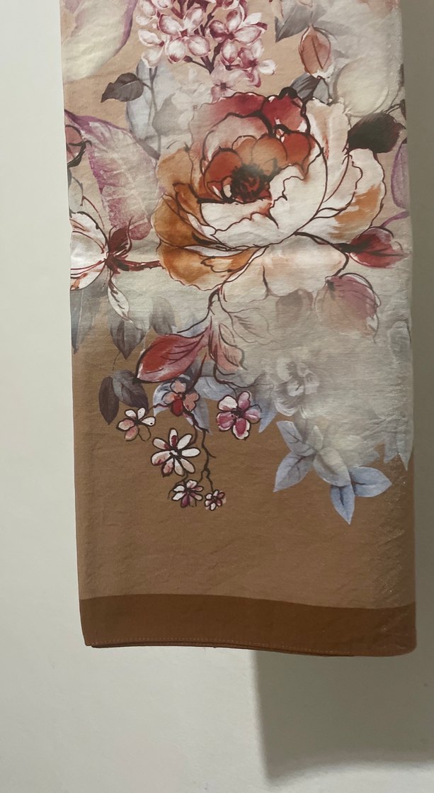 Bej Gri Çiçek Desenli Kadın keten Şal - Görsel 3