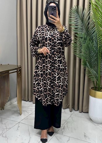 m Beden Kahverengi Leopar Desenli Uzun Kadın Elbise