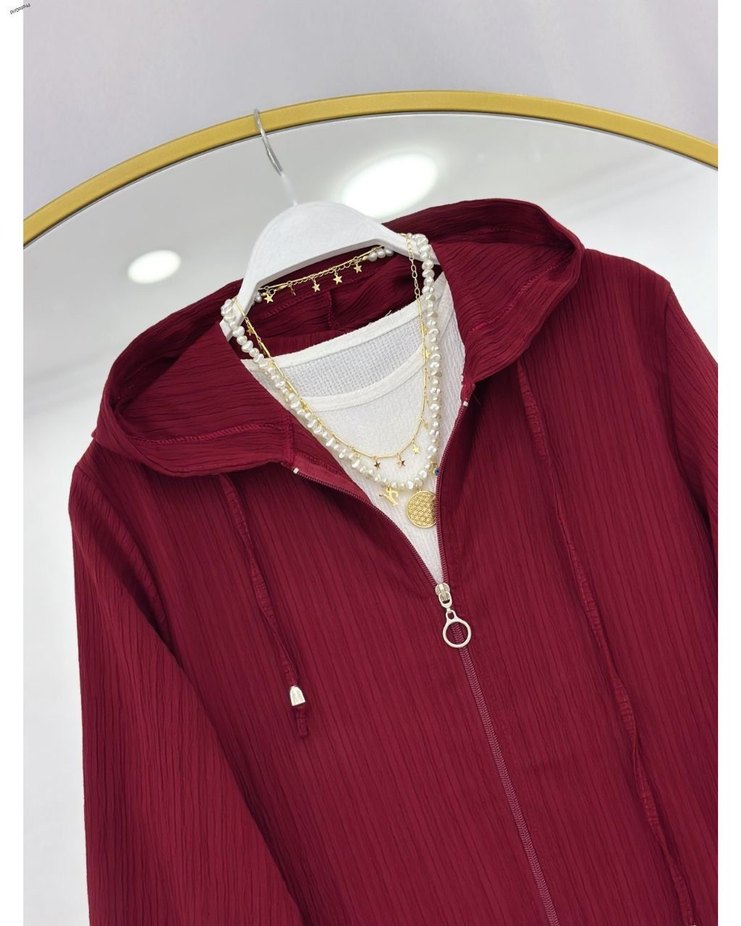 Bordo Nakışlı Uzun Fermuarlı Kadın Yağmurluk - Görsel 2