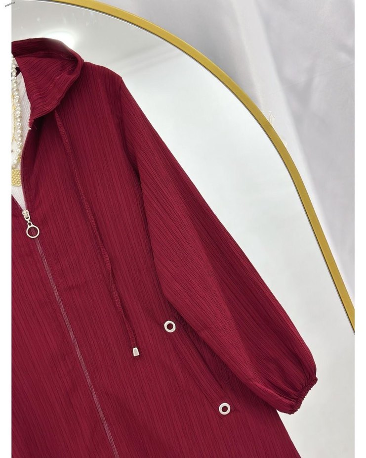 Bordo Nakışlı Uzun Fermuarlı Kadın Yağmurluk - Görsel 3